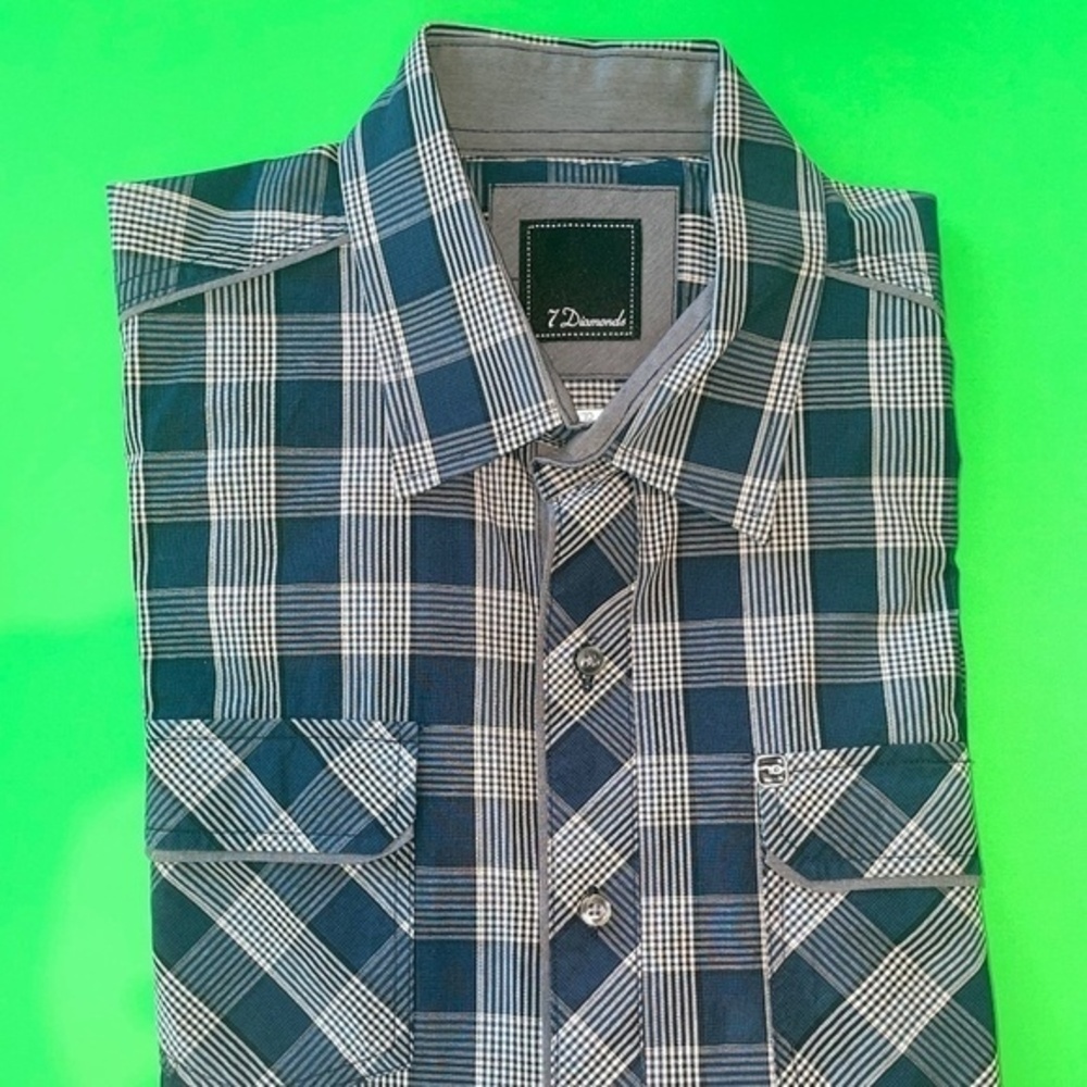 (Vintage) 7 Diamonds blue white plaid longsleeve button up, rockstar, gentleman‌
